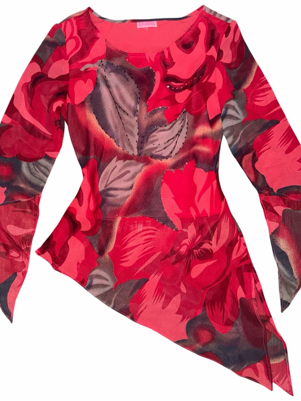 Y2K Vintage Bell Sleeve Asymmetrical All Over Print Beaded Top